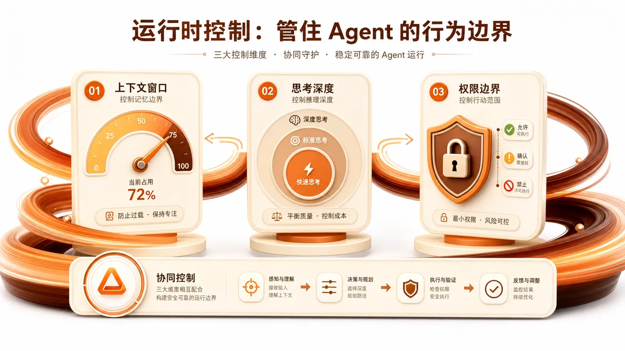运行时控制三维度：上下文窗口、思考模式、权限沙箱协同配置