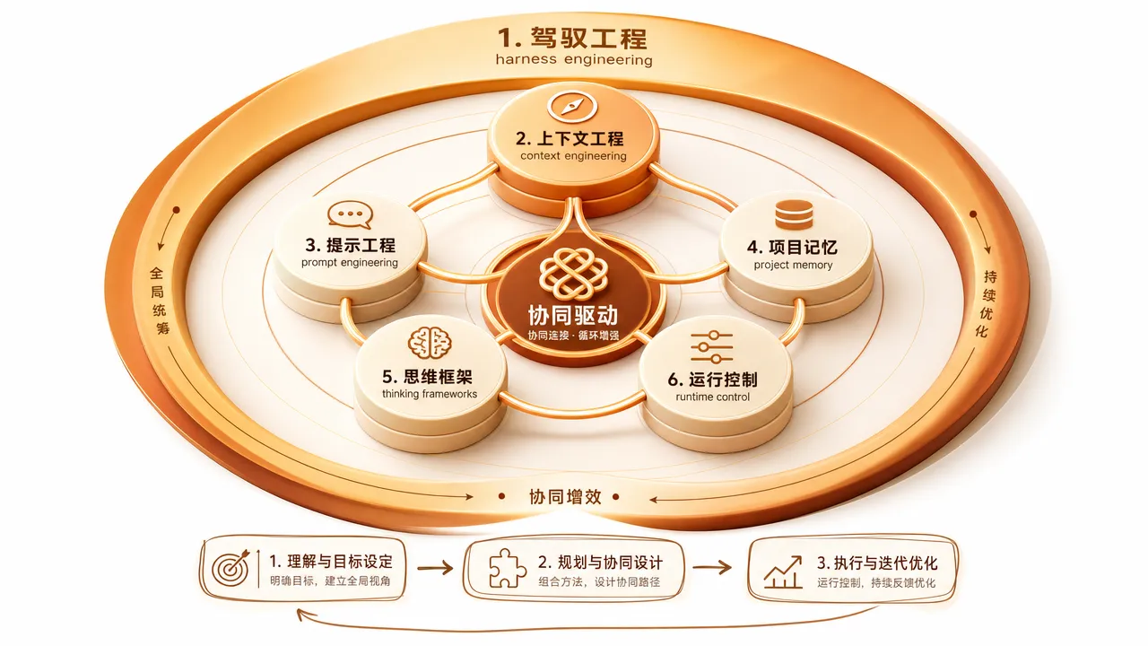 五大方法论关系全景：驾驭工程为总纲，信息供给、认知基础、行为边界、能力增长四层