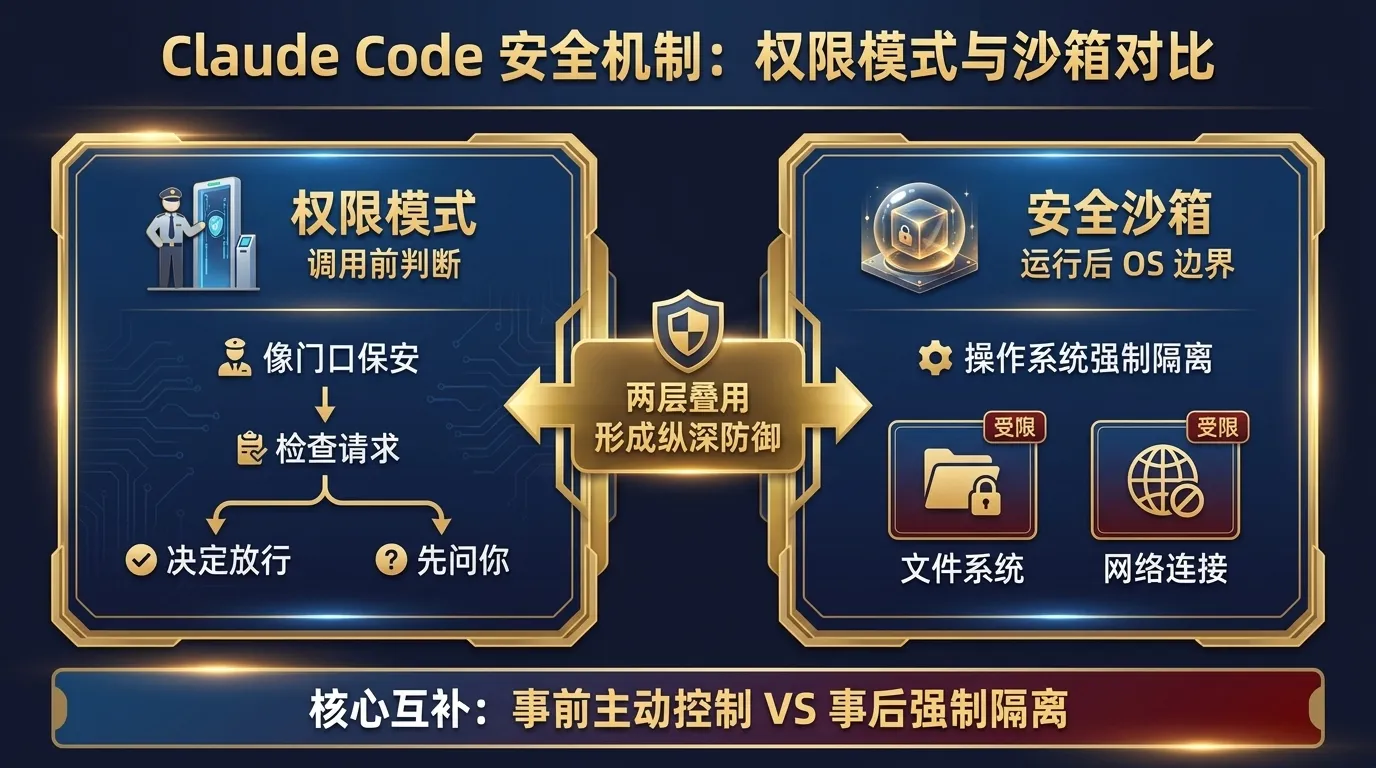 Claude Code 安全沙箱与权限模式互补两层对比:权限模式在调用之前像门口保安检查请求决定放行或拦截,安全沙箱在命令运行之后用操作系统强制隔离文件系统与网络连接,两层叠用形成纵深防御