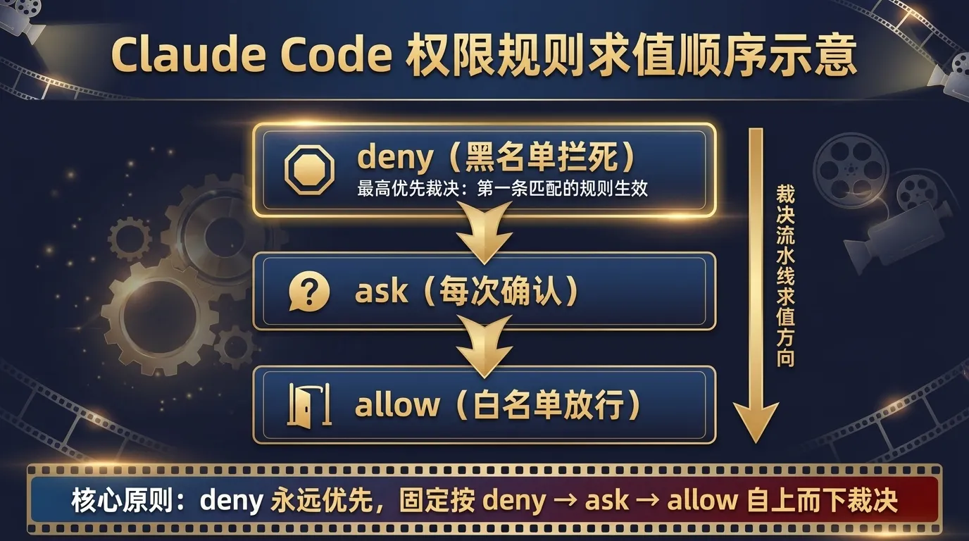 Claude Code 权限规则三个数组 allow 白名单放行、ask 每次确认、deny 黑名单拦死的求值顺序示意:固定按 deny → ask → allow 裁决,deny 永远优先、第一条匹配的规则生效