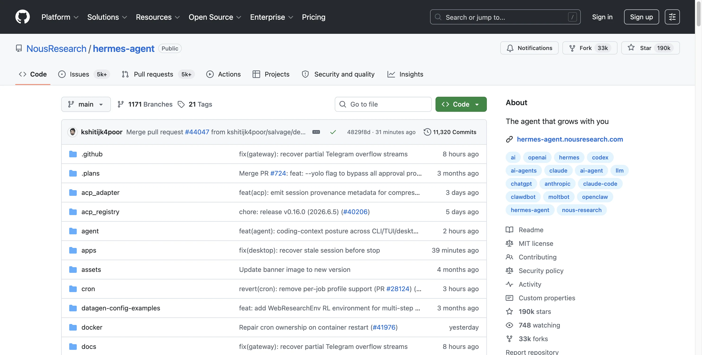 Hermes Agent GitHub 仓库首页