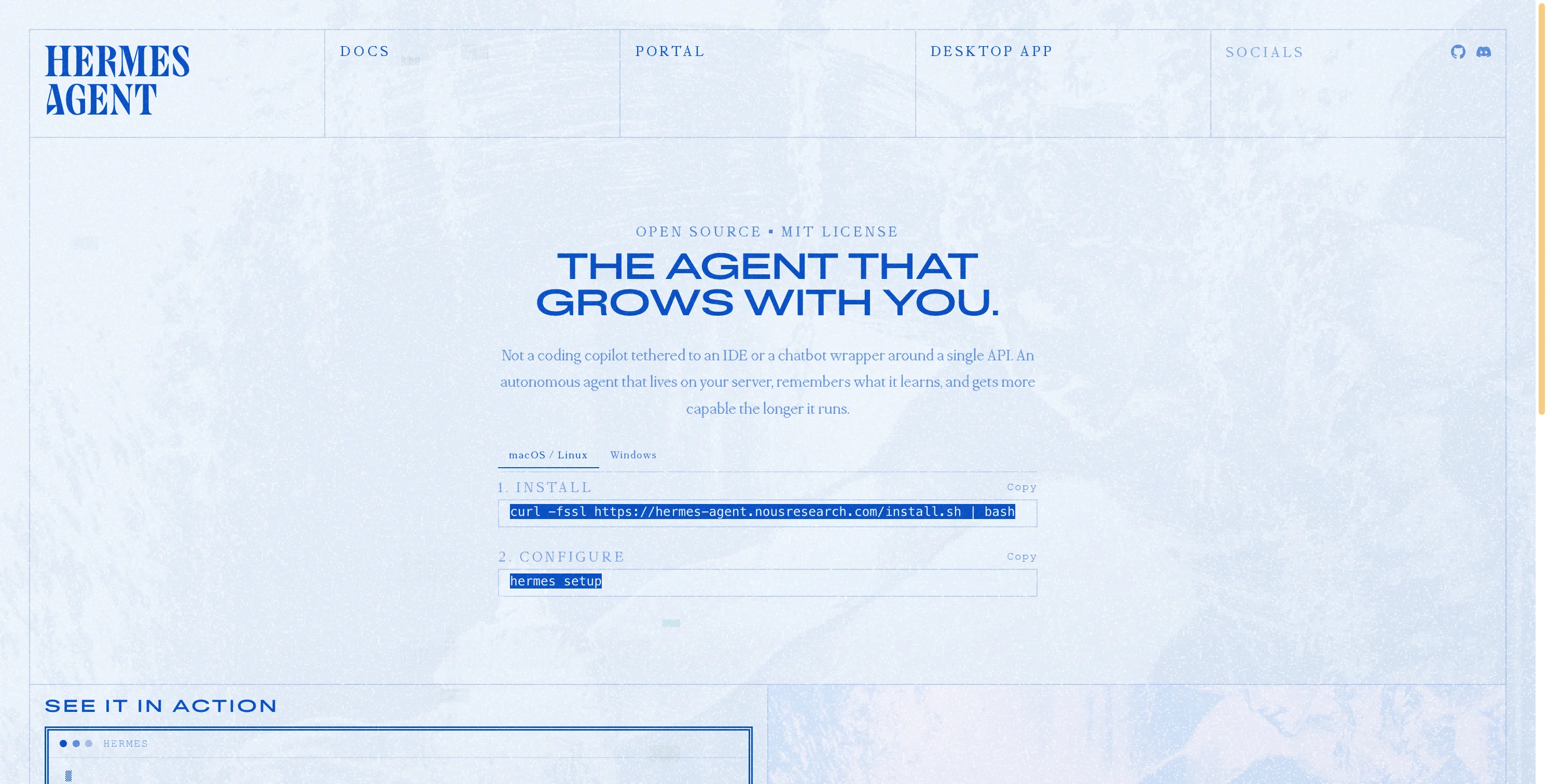 Hermes Agent 官方网站首页:The Agent That Grows With You 标语与一行命令安装入口