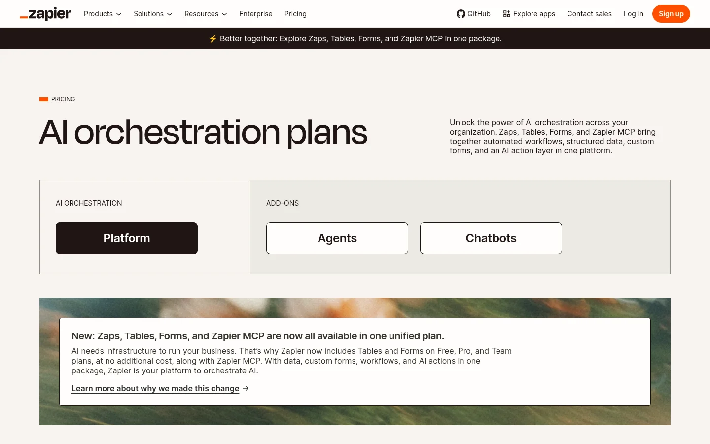 Zapier 官网定价页:AI orchestration plans,Platform / Agents / Chatbots 三个产品线,Free 到 Team 四档定价