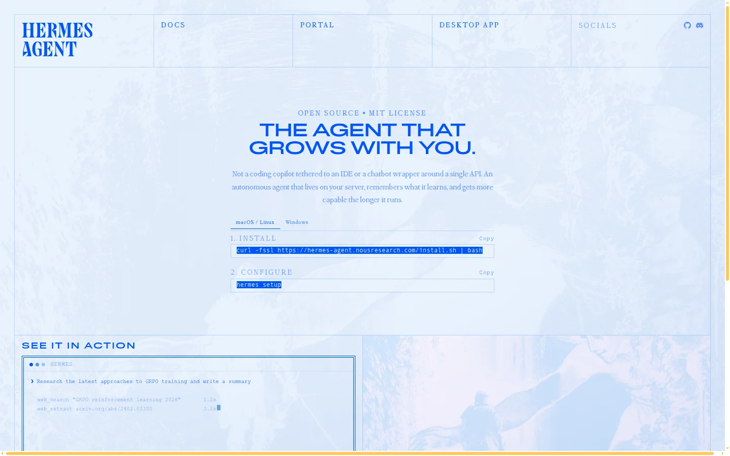 Hermes Agent 官网首页:The Agent That Grows With You,开源 Apache-2.0 许可证,一条命令安装即可运行