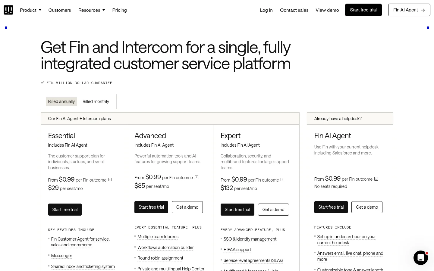Intercom 官网定价页:Fin AI Agent 内置,Essential $29 / Advanced $85 / Expert $132 每座席每月,Fin 按对话 $0.99 收费