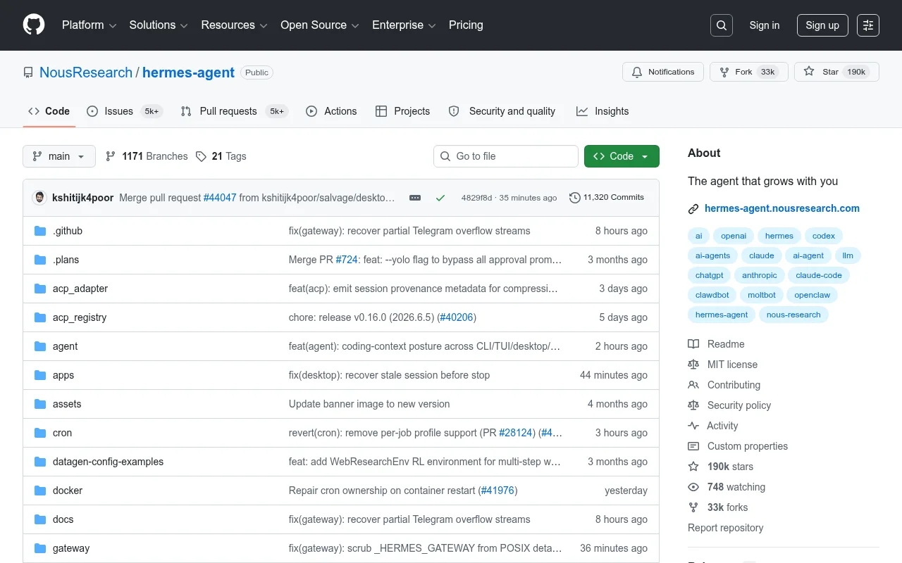 Hermes Agent GitHub 仓库首页