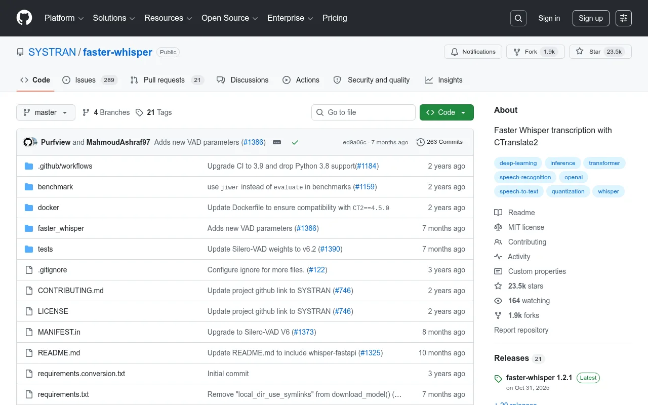 faster-whisper GitHub 仓库：SYSTRAN 维护的 CTranslate2 高性能 Whisper 重实现，23.5k Stars
