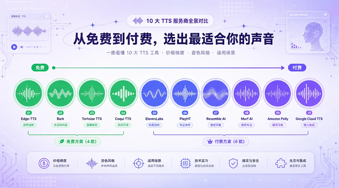 10 种 TTS 提供商全景：4 种免费（绿色高亮）和 6 种付费方案