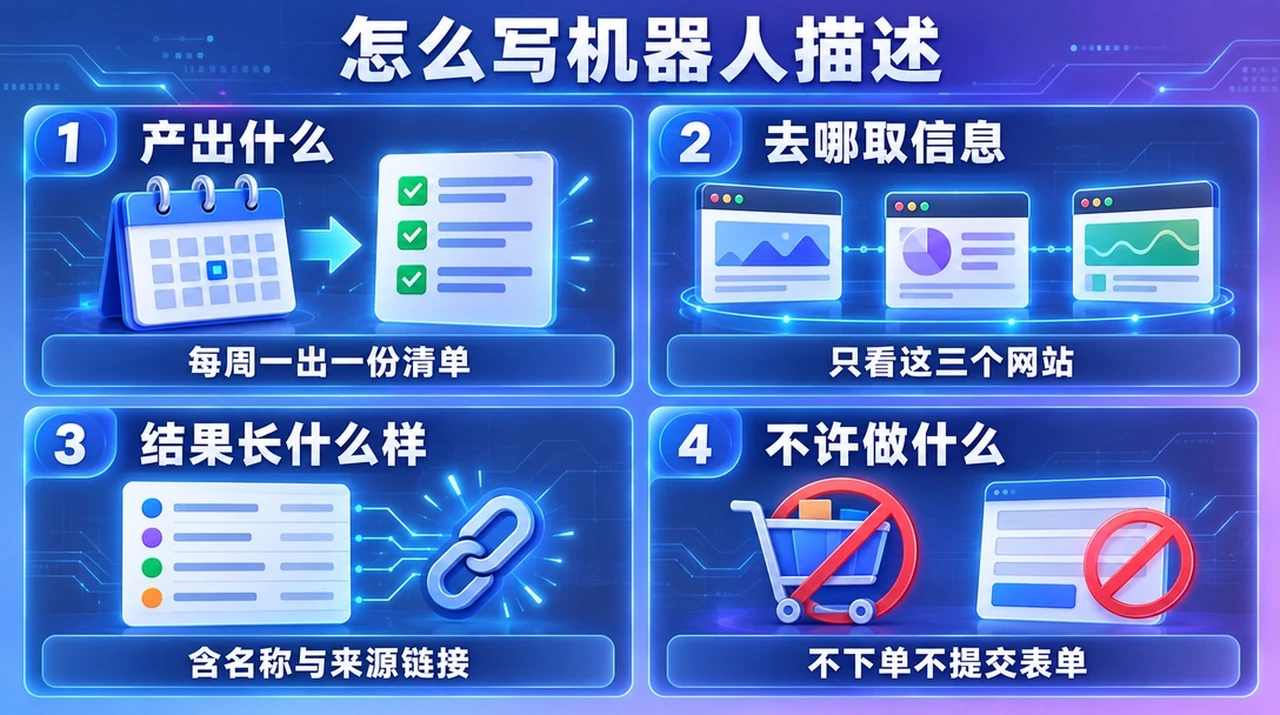 Bot 描述必须写全的四个要素：产出什么、去哪取信息、结果长什么样、不许做什么