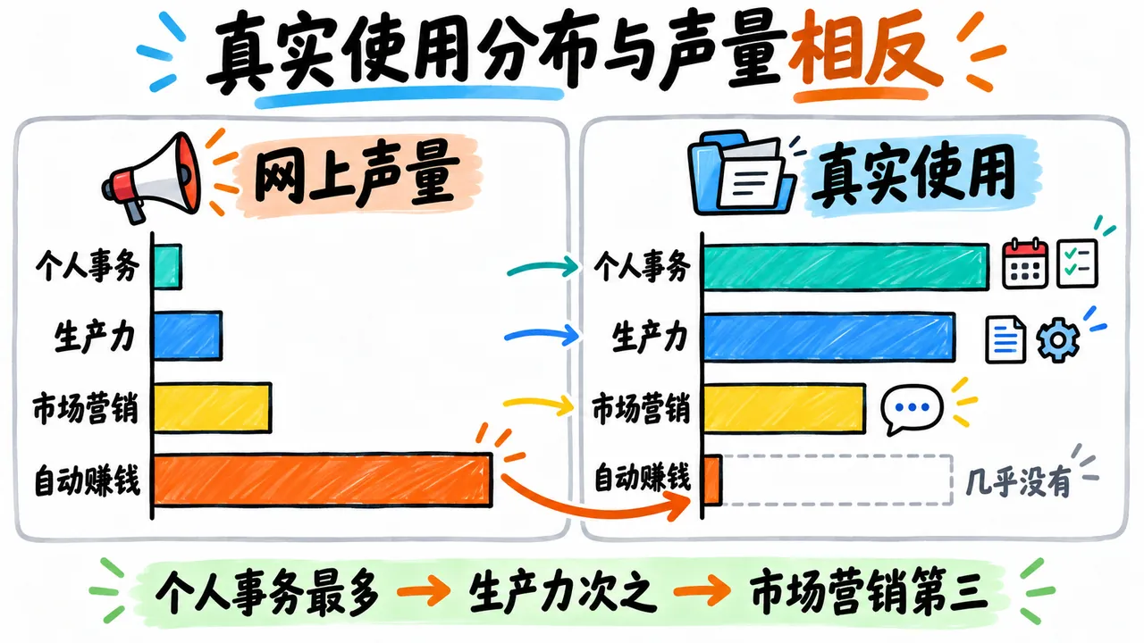 真实使用分布与网络声量正好相反:个人事务最多,而声量最大的自动赚钱类几乎不存在