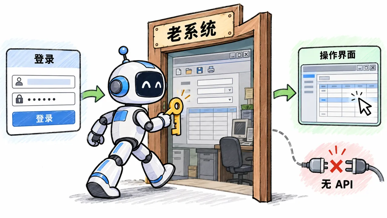 因为是登录进去操作界面而不是调接口,所以能够到那些从来没有开放接口的老系统