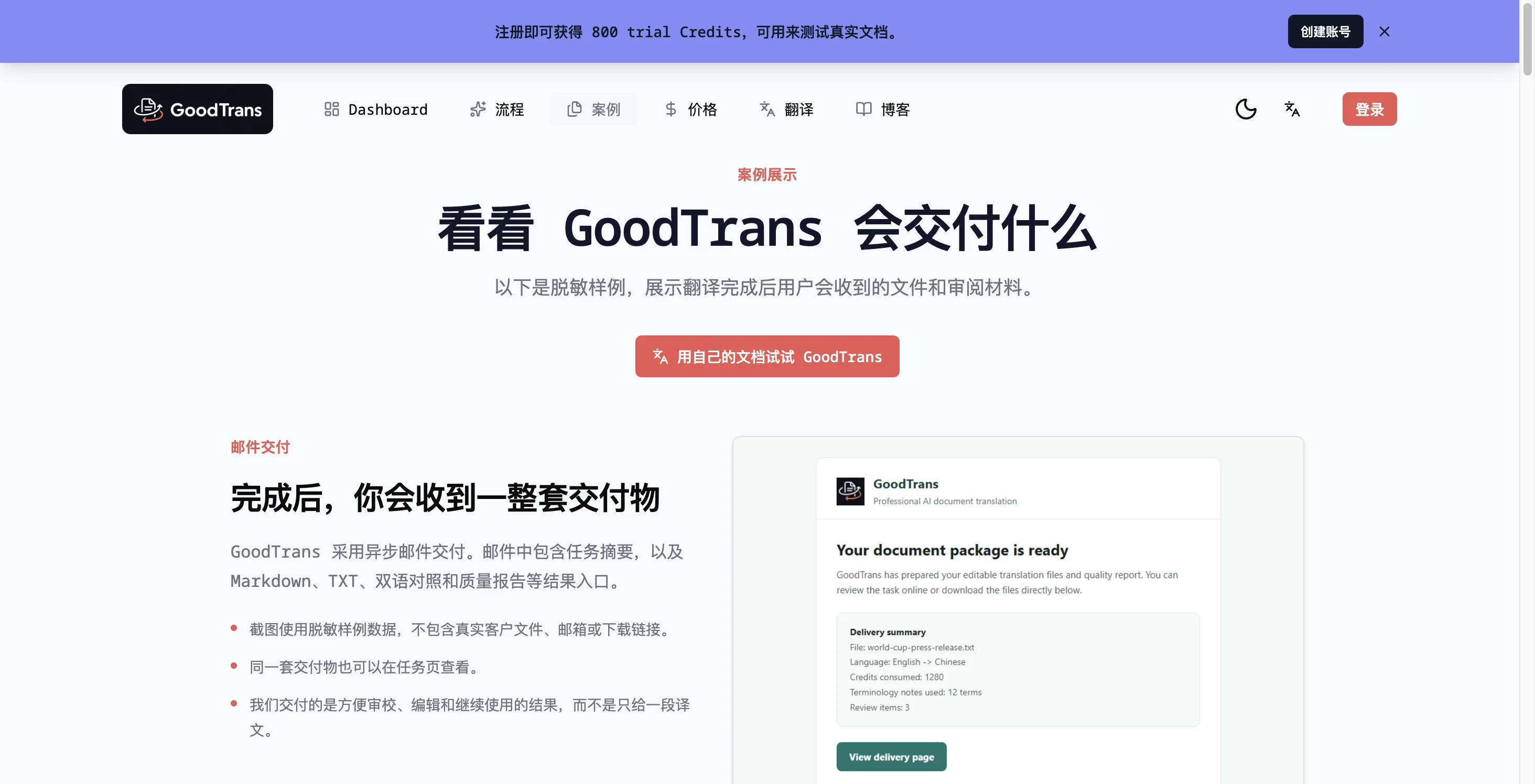 GoodTrans 交付样例页:邮件交付、文化新闻、文学散文和技术 Markdown 三类脱敏样例展示了可编辑译文、双语对照和质量报告
