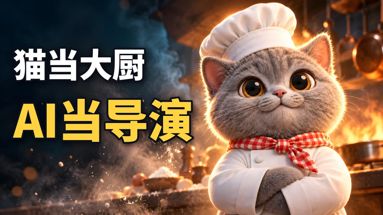 翔宇工作流 43 期封面：灰色英短小猫大厨戴白色高帽、系红白格领巾，抱臂站在厨房里，左侧大字「猫当大厨 AI当导演」