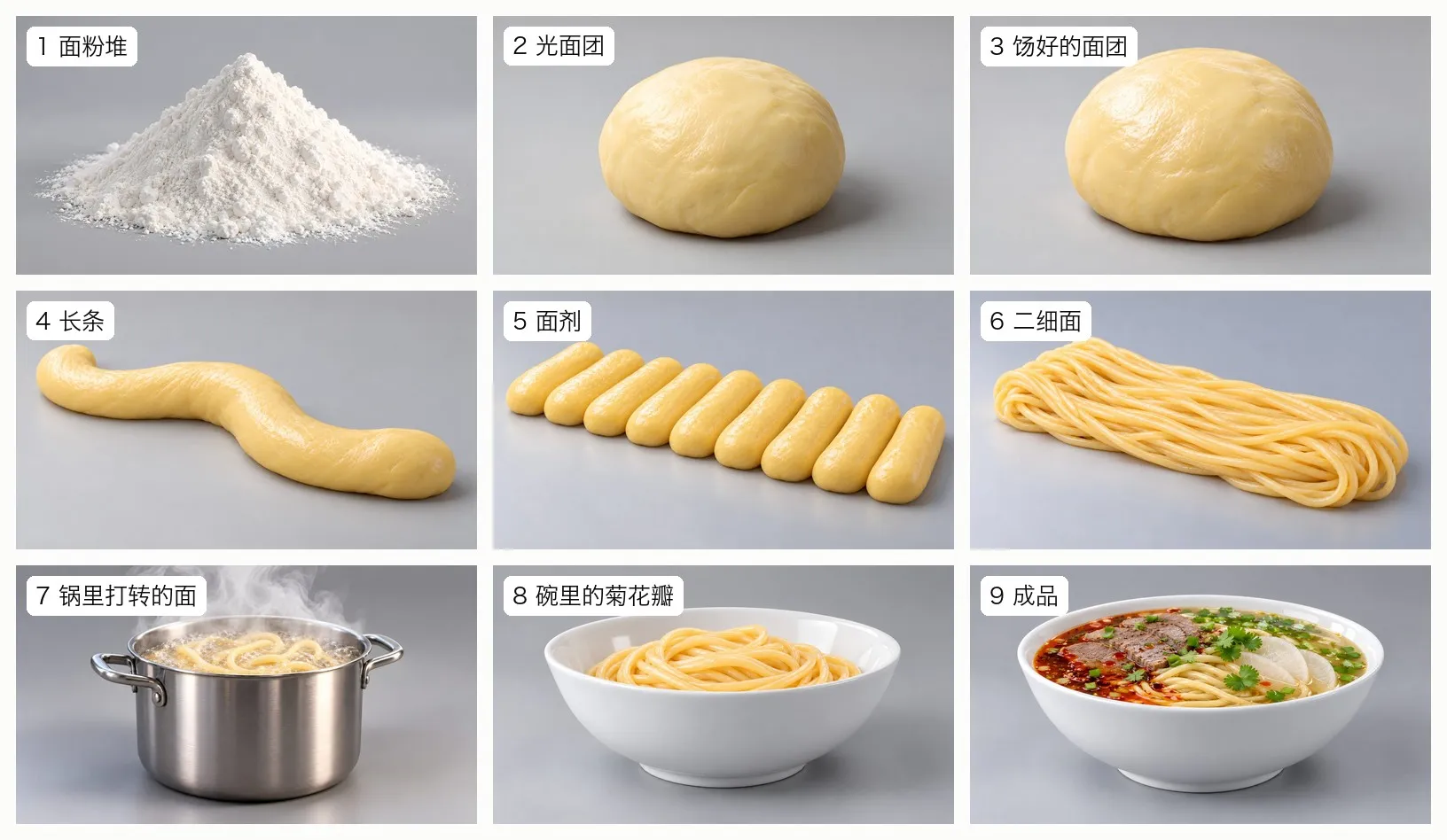 第二集面的 9 张状态图,按工序排成三行:面粉堆、光面团、饧好的面团、长条、面剂、二细面、锅里打转的面、碗里的菊花瓣、成品牛肉面