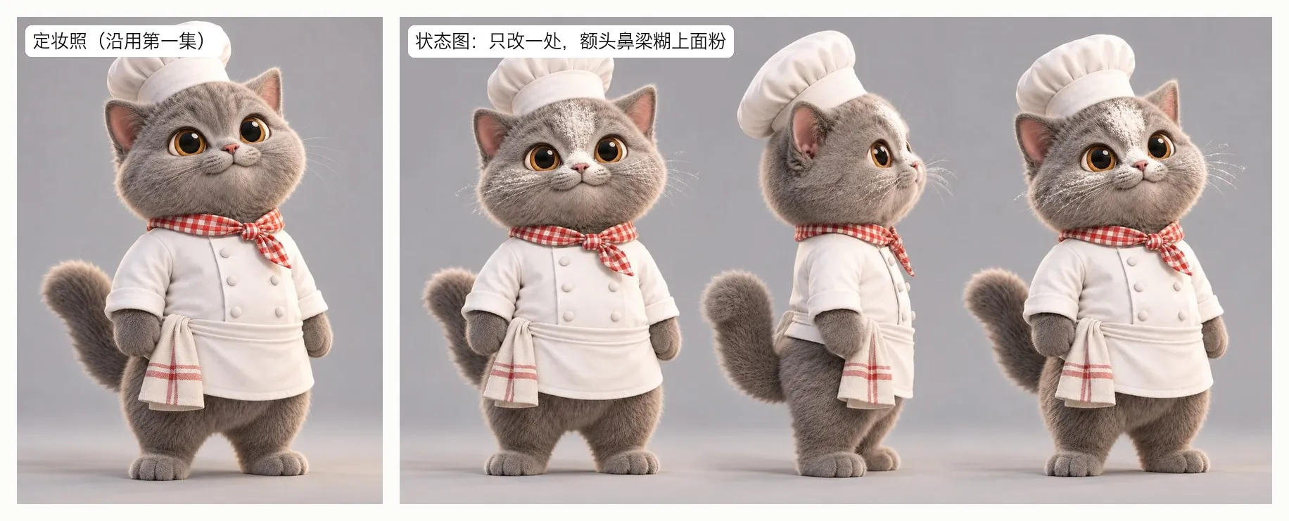 左边是棉花的定妆照:灰色英短小猫穿白色厨师服、戴高帽、系红白格领巾,浅灰背景;右边是从定妆照衍生的状态图,三个角度,额头和鼻梁糊上了面粉