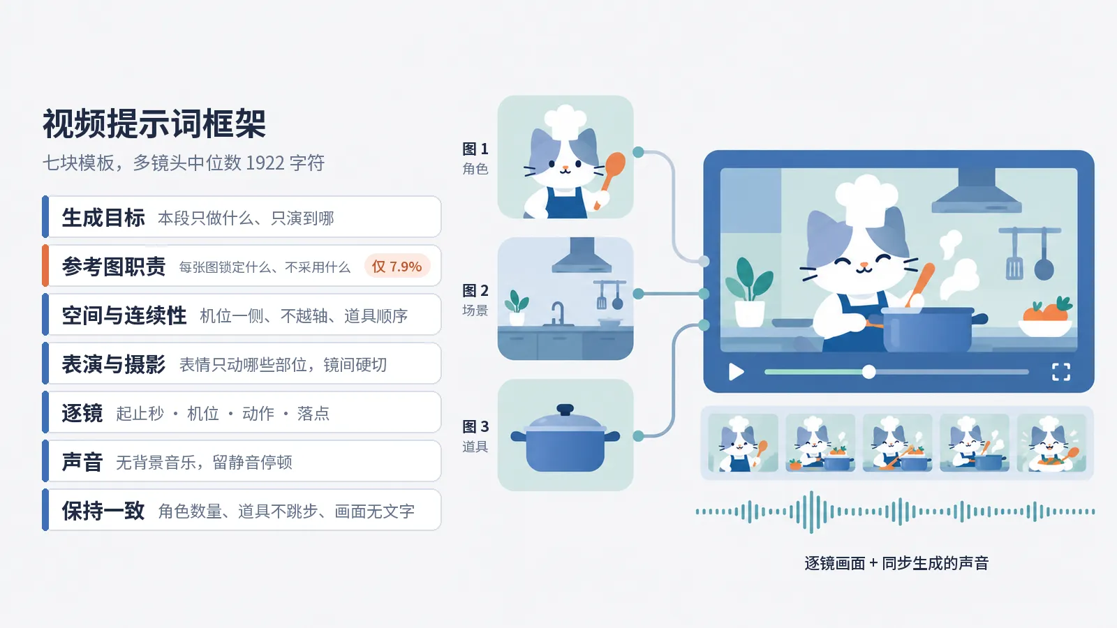 视频提示词七块框架示意图：左边是生成目标、参考图职责、空间与连续性、表演与摄影、逐镜、声音、保持一致七个部分，参考图职责标橙；右边角色、场景、道具三张参考图连进一个视频画面，下面是逐镜画面条和声音波形