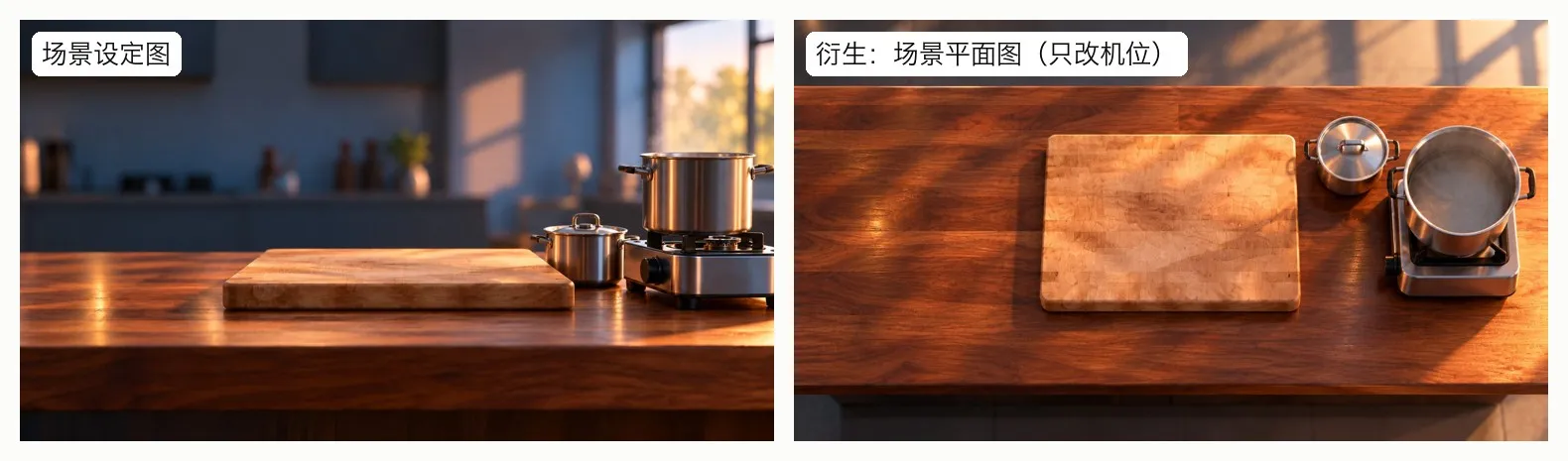 左边是第二集厨房的场景设定图，空着的胡桃木岛台；右边是从它衍生的俯视平面图，看得清面板、汤锅和灶台的位置